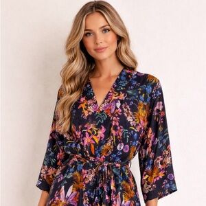 Soma Floral Kimono / Robe with with Pink and Yellow Accents